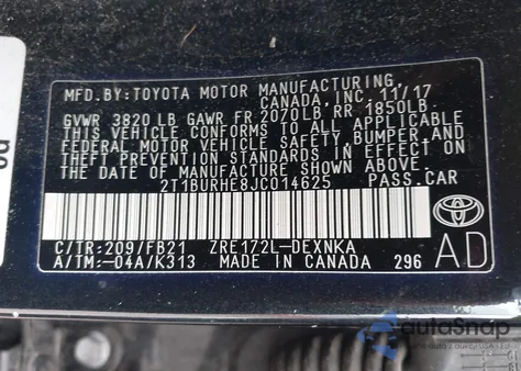 2018 Toyota Corolla Le from USA, damaged, VIN 2T1BURHE8JC014625